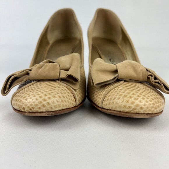 Salvatore Ferragamo Womens Tan Snake Embossed Leather Pumps Suede Bow size 9.5 - Picture 5 of 16